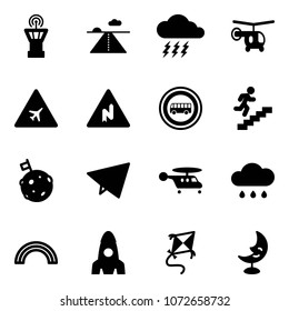 Solid vector icon set - airport tower vector, runway, storm, helicopter, road sign, abrupt turn right, no bus, career, moon flag, paper fly, rain cloud, rainbow, rocket, kite, lamp