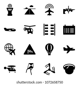 Solid vector icon set - airport tower vector, runway, plane radar, boarding passengers, small, helicopter, seats, schedule, globe, side wind road sign, air balloon, kite, mill, protect glass