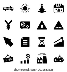 Solid vector icon set - airport bus vector, sun, christmas tree, calendar, yen, safe, Road narrows sign, rough, cursor, document, sand clock, growth, open, dollar chart, plant, gamepad