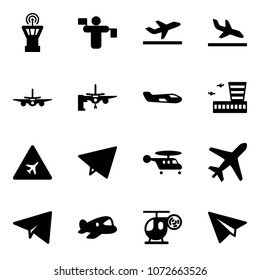 Solid vector icon set - airport tower vector, traffic controller, departure, arrival, plane, boarding passengers, small, building, road sign, paper fly, helicopter, toy