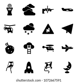 Solid vector icon set - airport tower vector, clouds, boarding passengers, small plane, helicopter, snowfall, abrupt turn right road sign, paper fly, moon flag, cloud ladder, kite, rocket, lamp