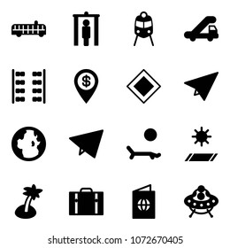 Solid vector icon set - airport bus vector, metal detector gate, train, trap truck, plane seats, dollar pin, main road sign, paper, globe, fly, lounger, mat, palm, suitcase, passport, ufo toy