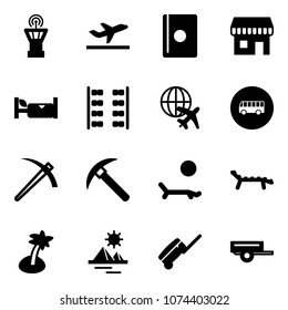 Solid vector icon set - airport tower vector, departure, passport, duty free, hotel, plane seats, globe, bus road sign, job, rock axe, lounger, palm, pyramid, suitcase, trailer