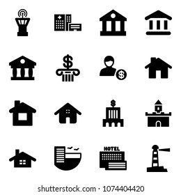 Solid vector icon set - airport tower vector, hospital building, bank, account, home, sand fort, hotel, sea, lighthouse