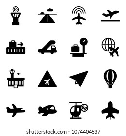 Solid vector icon set - airport tower vector, runway, plane radar, departure, baggage, trap truck, scales, globe, building, road sign, paper, air balloon, toy, helicopter