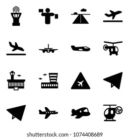 Solid vector icon set - airport tower vector, traffic controller, runway, departure, arrival, plane, small, helicopter, building, road sign, paper fly, toy