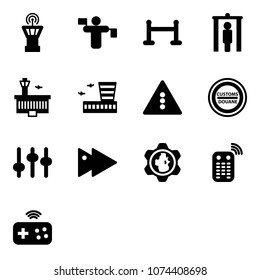 Solid vector icon set - airport tower vector, traffic controller, vip zone, metal detector gate, building, light road sign, customs, settings, fast forward, gear globe, remote control