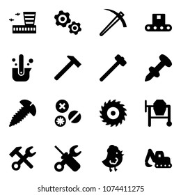 Solid vector icon set - airport building vector, gears, job, conveyor, casting of steel, hammer, sledgehammer, nail dowel, screw, rivet, saw disk, cocncrete mixer, wrench, screwdriver, chicken toy