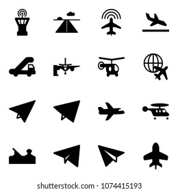 Solid vector icon set - airport tower vector, runway, plane radar, arrival, trap truck, boarding passengers, helicopter, globe, paper, fly, jointer, toy