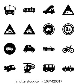 Solid vector icon set - airport bus vector, trap truck, climb road sign, embankment, for moto, no, limited height, car, cabrio, bike, plane toy, helicopter