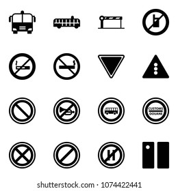 Solid vector icon set - airport bus vector, barrier, no mobile sign, smoking, giving way road, traffic light, prohibition, horn, customs, stop, parking, even, pause