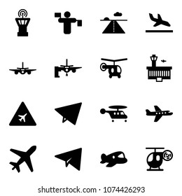 Solid vector icon set - airport tower vector, traffic controller, runway, arrival, plane, boarding passengers, helicopter, building, road sign, paper fly, toy