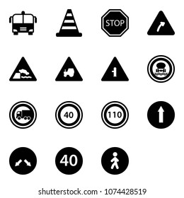 Solid vector icon set - airport bus vector, road cone, stop sign, turn right, embankment, tractor way, intersection, no dangerous cargo, truck, speed limit 40, 110, only forward, detour, minimal