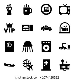 Solid Vector Icon Set - Airport Tower Vector, Tea, No Computer Sign, Tv, Vip, Ticket, Safety Car, Passport, Shower, Fork Loader, Small Plane, Globe, First Aid Room, Building