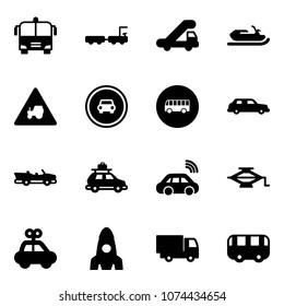 Solid vector icon set - airport bus vector, baggage truck, trap, snowmobile, tractor way road sign, no car, limousine, cabrio, wireless, jack, toy, rocket