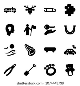 Solid vector icon set - airport bus vector, christmas deer, sleigh, puzzle, head bulb, win, key hand, luck, waves, shell, skateboard, car wireless, pliers, shovel, beanbag, bear toy