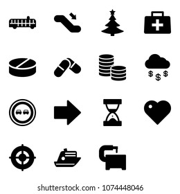 Solid vector icon set - airport bus vector, escalator down, christmas tree, doctor bag, pill, pills, coin, money rain, no overtake road sign, right arrow, sand clock, heart, target, cruiser