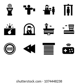 Solid vector icon set - airport tower vector, traffic controller, passport control, metal detector gate, terrorism, officer window, building, customs road sign, fast backward, jalousie