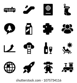 Solid vector icon set - airport bus vector, escalator up, passport, christmas sock, merry message, milk, puzzle, group, growth arrow, cloud ladder, wine, beach, globe, rocket, doll, toy train