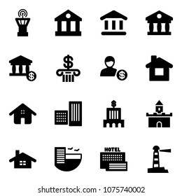 Solid vector icon set - airport tower vector, bank, account, home, building, sand fort, hotel, sea, lighthouse