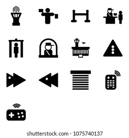 Solid vector icon set - airport tower vector, traffic controller, vip zone, passport control, metal detector gate, officer window, building, light road sign, fast forward, backward, jalousie, remote