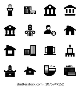 Solid vector icon set - airport tower vector, hospital building, bank, account, home, doors, sand fort, hotel, sea