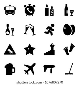 Solid vector icon set - airport bus vector, phone alarm, candle, wine, glasses, run, eggs, multi lane traffic road sign, star, success, feet, beer, plane, drill machine, rake