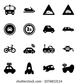 Solid vector icon set - airport bus vector, snowmobile, climb road sign, for moto, no car, limited height, limousine, bike, wireless, moon rover, jack, toy, rocket, plane, baby