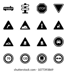 Solid vector icon set - airport bus vector, road signpost sign, stop, giving way, turn right, steep descent, traffic light, wild animals, car crash, narrows, no, speed limit 70, 120, dangerous cargo