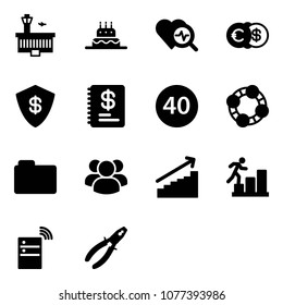 Solid vector icon set - airport building vector, cake, heart diagnosis, euro dollar, safe, annual report, minimal speed limit road sign, friends, folder, group, growth, career, server wireless