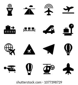 Solid vector icon set - airport tower vector, runway, plane radar, departure, baggage, waiting area, trap truck, scales, globe, road sign, paper fly, air balloon, helicopter, toy