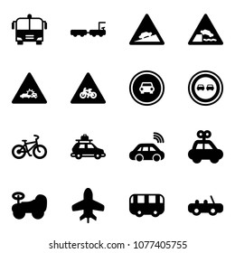 Solid vector icon set - airport bus vector, baggage truck, climb road sign, embankment, car crash, for moto, no, overtake, bike, wireless, toy, baby, plane