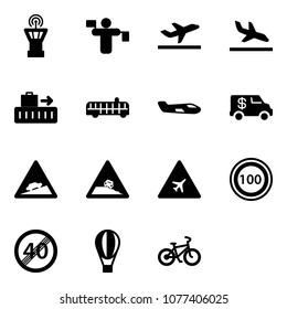 Solid vector icon set - airport tower vector, traffic controller, departure, arrival, baggage, bus, small plane, encashment car, climb road sign, steep roadside, speed limit 100, end, air balloon