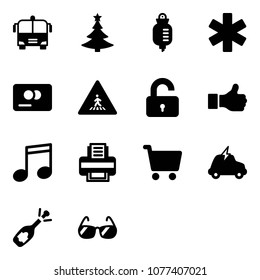 Solid vector icon set - airport bus vector, christmas tree, drop counter, ambulance star, credit card, pedestrian road sign, unlocked, like, music, printer, cart, electric car, fizz opening