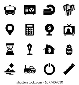 Solid vector icon set - airport bus vector, safe, mri, big cash, map pin, calculator, money tree, tv news, sand clock, pennant, home dollar, pineapple, pyramid, moon rover, standby button, ruler