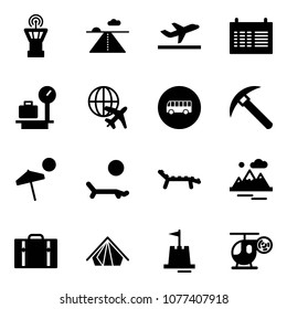 Solid vector icon set - airport tower vector, runway, departure, schedule, baggage scales, plane globe, bus road sign, rock axe, beach, lounger, mountains, suitcase, tent, sand castle