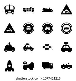 Solid vector icon set - airport bus vector, snowmobile, embankment road sign, car crash, no, moto, electric, baggage, jack, toy, rocket, baby, truck