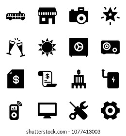 Solid vector icon set - airport bus vector, duty free, camera, christmas star, wine glasses, sun, safe, account statement, history, bank building, power, music player, monitor, wrench screwdriver