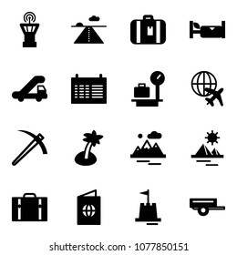 Solid vector icon set - airport tower vector, runway, suitcase, hotel, trap truck, schedule, baggage scales, plane globe, job, palm, mountains, pyramid, passport, sand castle, trailer