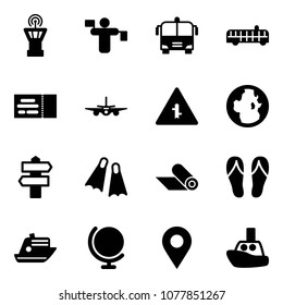 Solid vector icon set - airport tower vector, traffic controller, bus, ticket, plane, intersection road sign, globe, signpost, flippers, mat, flip flops, cruiser, navigation pin, toy boat