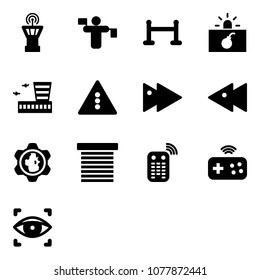 Solid vector icon set - airport tower vector, traffic controller, vip zone, terrorism, building, light road sign, fast forward, backward, gear globe, jalousie, remote control, joystick wireless