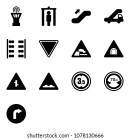 Solid vector icon set - airport tower vector, metal detector gate, escalator up, trap truck, plane seats, giving way road sign, embankment, tunnel, intersection, rough, limited height, distance