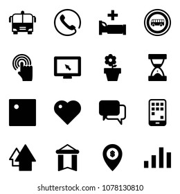 Solid vector icon set - airport bus vector, phone, hospital bed, no road sign, hand cursor, monitor, flower pot, sand clock, heart, dialog, mobile, arrow up, pennant, atm map pin, chart
