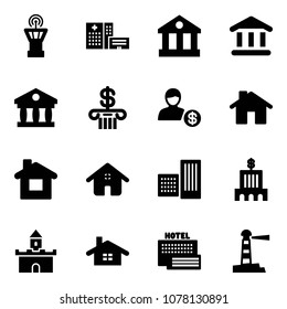 Solid vector icon set - airport tower vector, hospital building, bank, account, home, sand fort, sea hotel, lighthouse