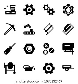 Solid vector icon set - airport building vector, gear, globe, job, conveyor, bucksaw, trowel, screwdriver, nut, rivet, jig saw, cocncrete mixer, oiler, trailer