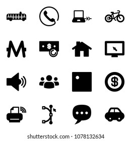 Solid vector icon set - airport bus vector, phone, notebook connect, bike, monero, cash, home, monitor cursor, volume medium, group, dollar, printer wireless, bezier, chat, car
