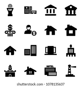 Solid vector icon set - airport tower vector, hospital building, bank, account, home, doors, sand fort, sea hotel, lighthouse