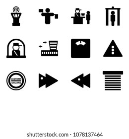Solid vector icon set - airport tower vector, traffic controller, passport control, metal detector gate, officer window, building, floor scales, light road sign, customs, fast forward, backward