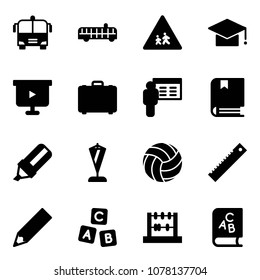 Solid vector icon set - airport bus vector, children road sign, graduate hat, presentation board, case, book, highlight marker, pennant, volleyball, ruler, pencil, abc cube, abacus