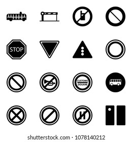 Solid vector icon set - airport bus vector, barrier, no mobile sign, prohibition road, stop, giving way, traffic light, horn, customs, parking, even, pause